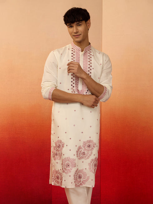 Men's Onion Multi Embroidered Silk Kurta